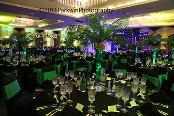 Image of table layout and decorations at an event at The Hilton Hotel Watford