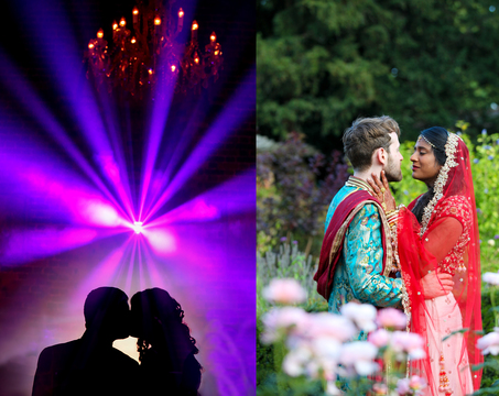 Two images from weddings of a purple disco light as bride and groom have first dance and multicultural wedding couple embrace in a garden